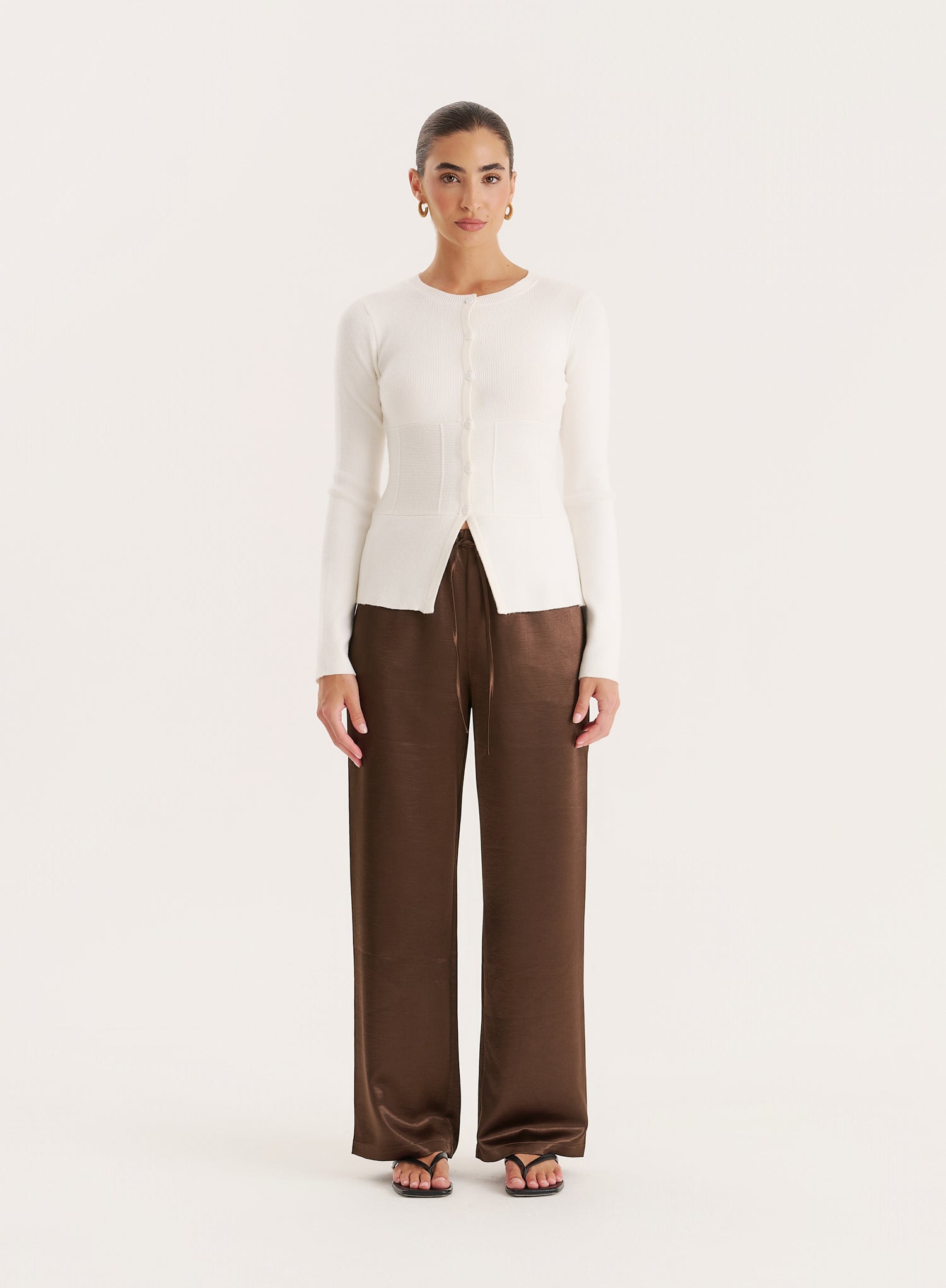 Cream Cinched Waist Knitted Cardigan